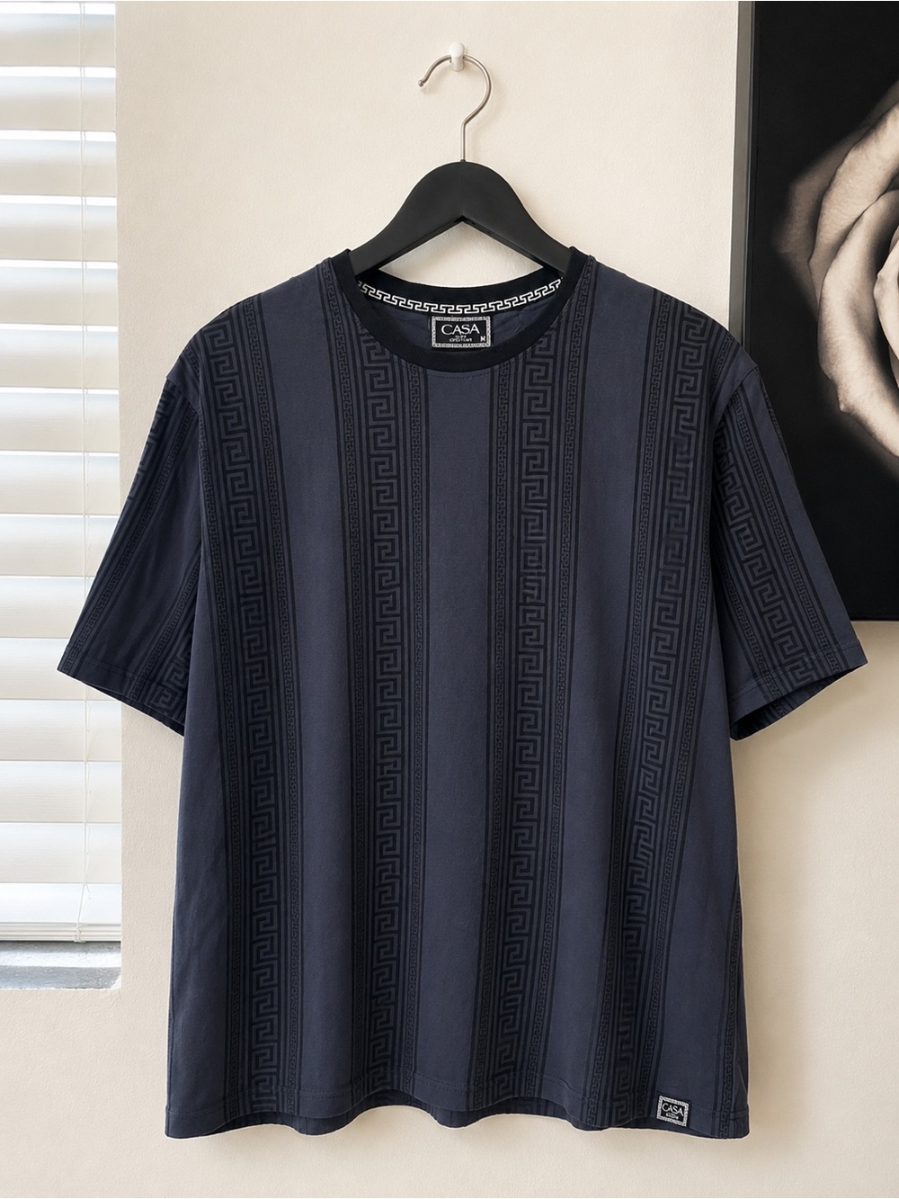 Navy Short Sleeve Crewneck Tee with Vertical Geo Stripe